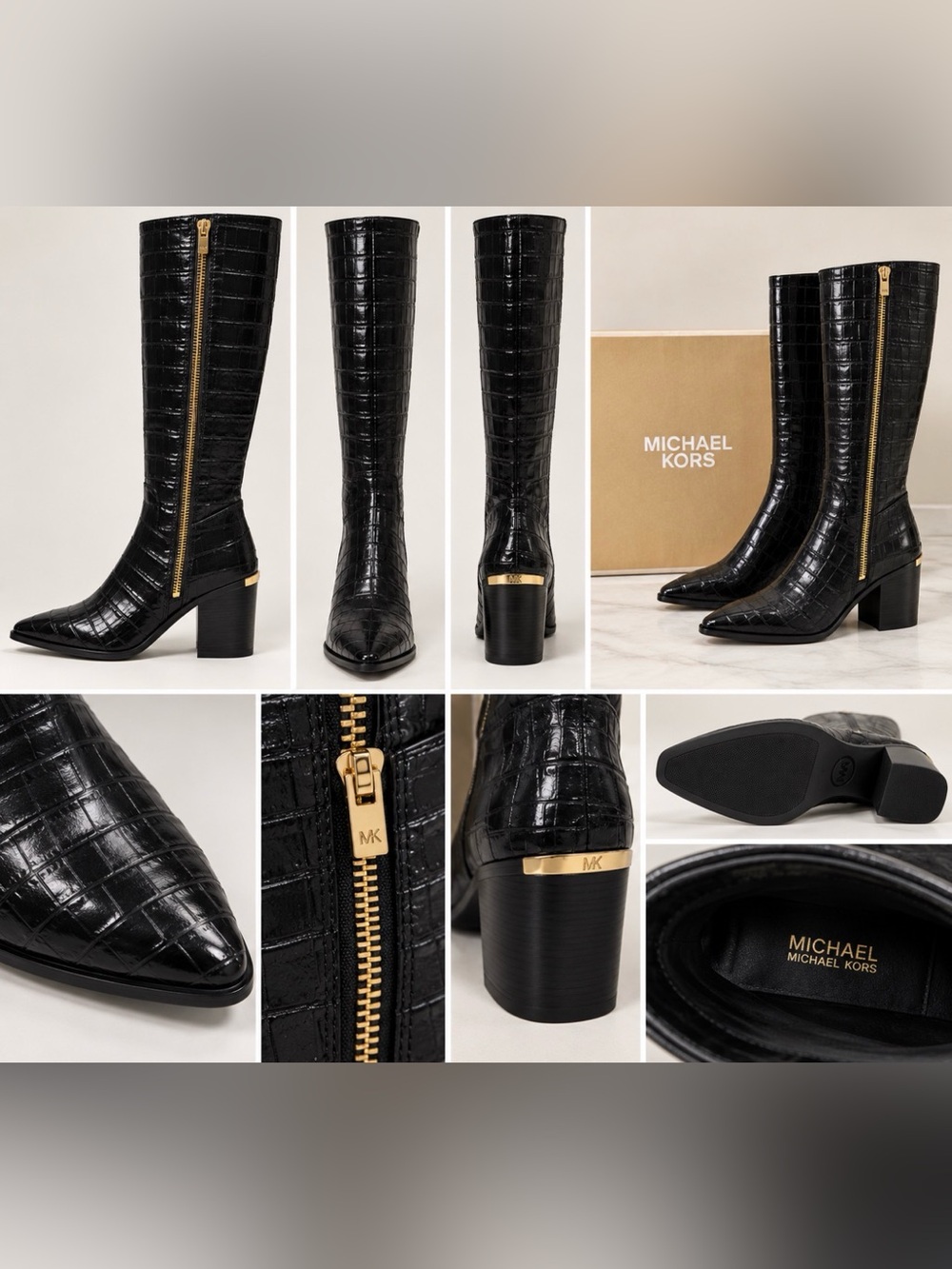 Michael Kors Black Croc-Embossed Leather Over-the-Knee Boots with Gold Hardware